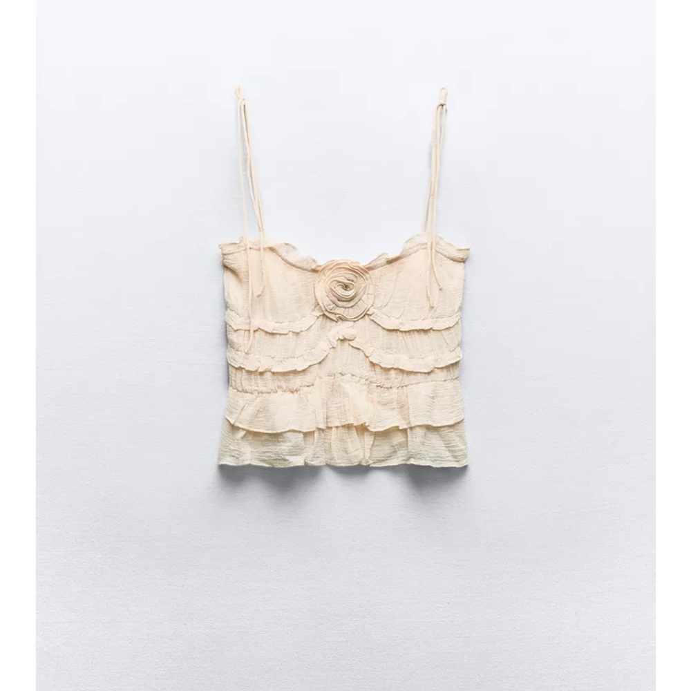 Zara Flowing Ruffled Top Floral Detail Vanilla Beige Cream L NWOT